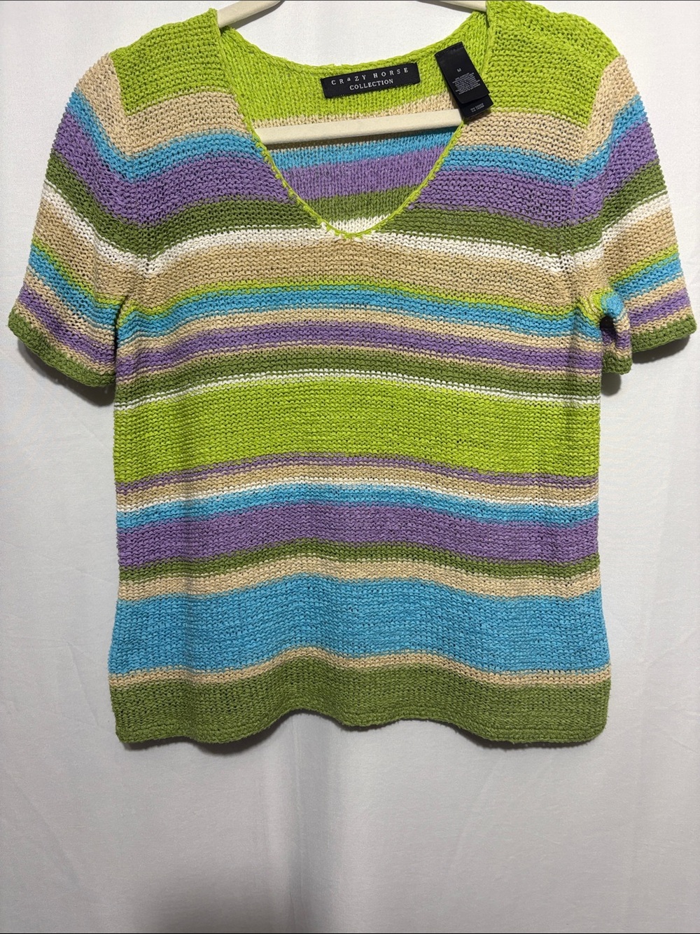Crazy Horse Collection Vintage Lime Multi-Stripe V-Neck Sweater